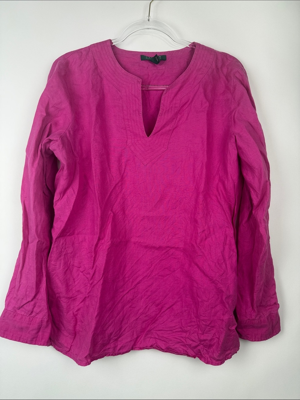 Lauren Ralph Lauren 100% Linen V-Neck Popover Top Blouse Pink Fuschia Size Large